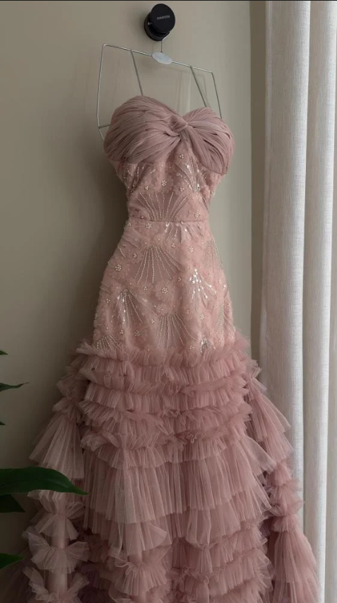Elegant Sweetheart Neck Pink Sequin Tulle Lace Pleated Mermaid Long Party Dress Evening Gown D1602