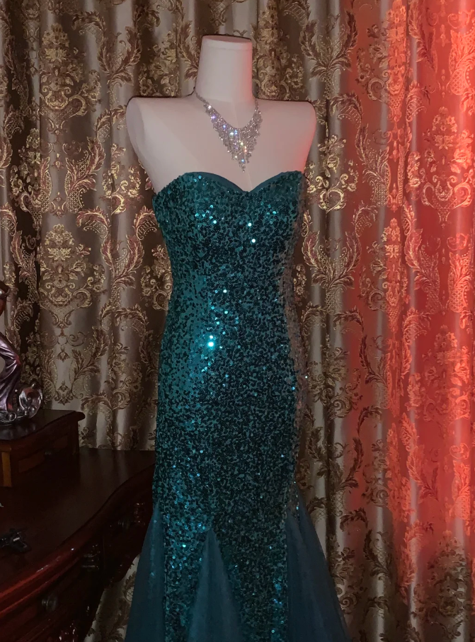 Vintage Strapless Green Tulle Sequin Mermaid Evening Dress Long Wedding Guest Dress Party Gown D1753