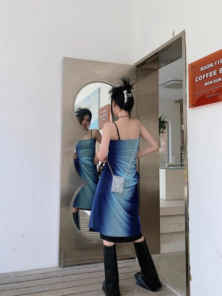 Gradient-Print Strappy Ruched Mesh Midi Dress 3