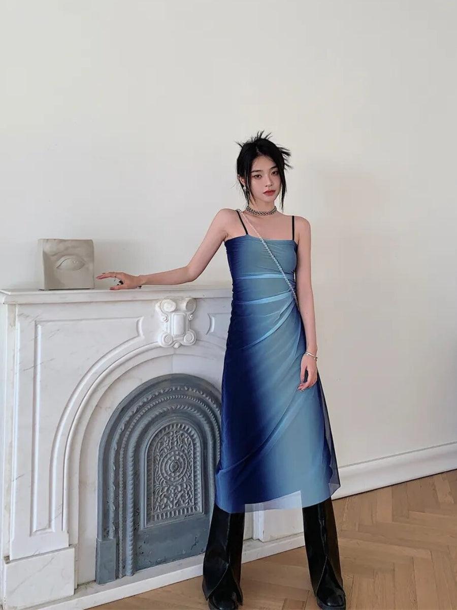 Gradient-Print Strappy Ruched Mesh Midi Dress 4