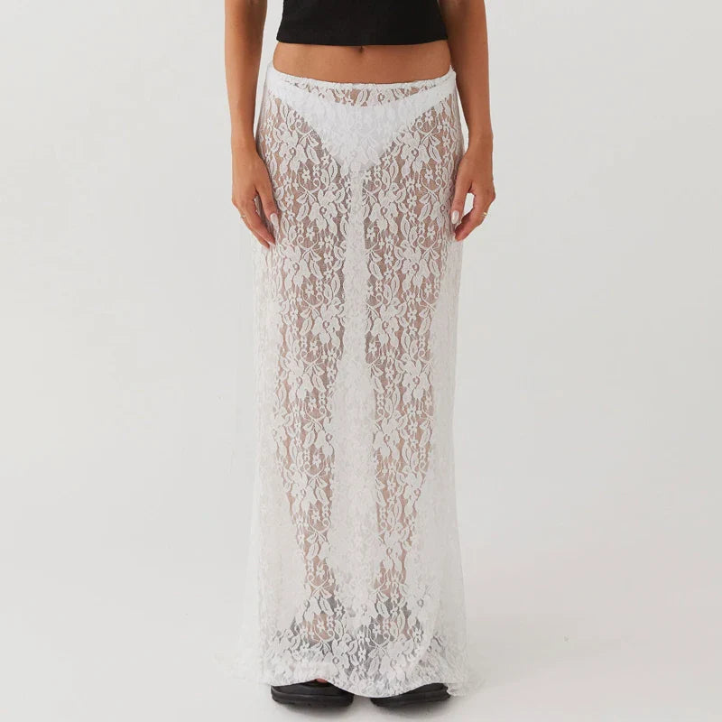 Floral Lace See-Through Short Sleeve Crop Top Long Skirt Two Pieces Set