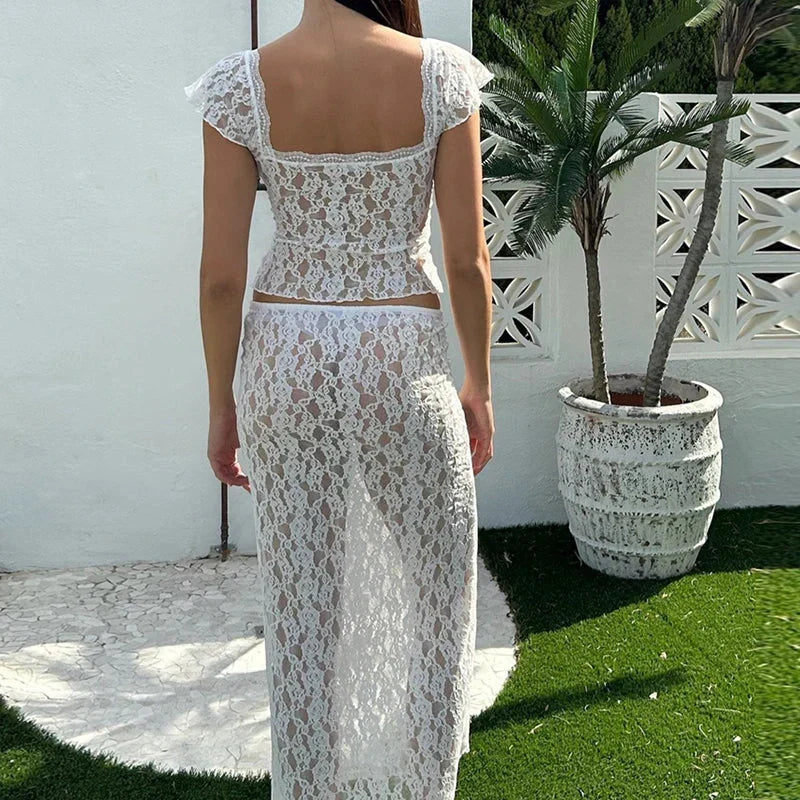 Floral Lace See-Through Short Sleeve Crop Top Long Skirt Two Pieces Set