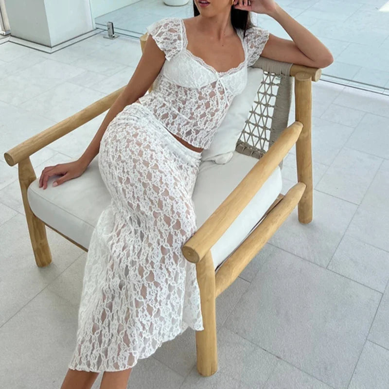 Floral Lace See-Through Short Sleeve Crop Top Long Skirt Two Pieces Set
