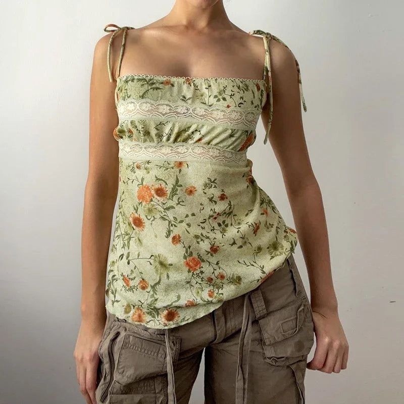 Y2K Floral Print Contrast Lace Patchwork Lace-up Coquette Grunge Crop Top