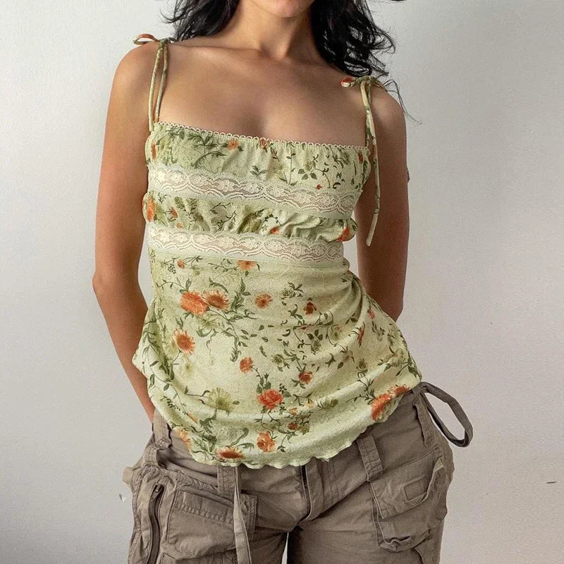 Y2K Floral Print Contrast Lace Patchwork Lace-up Coquette Grunge Crop Top