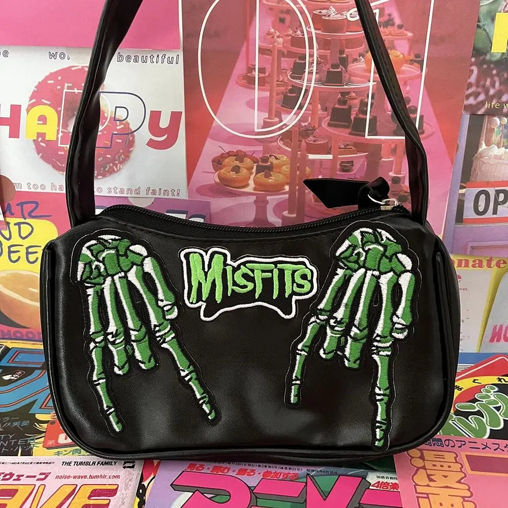 Y2K Gothic Women Letter Skull Hip-Hop Shoulder Bag Street Trendy Tote Black Halloween