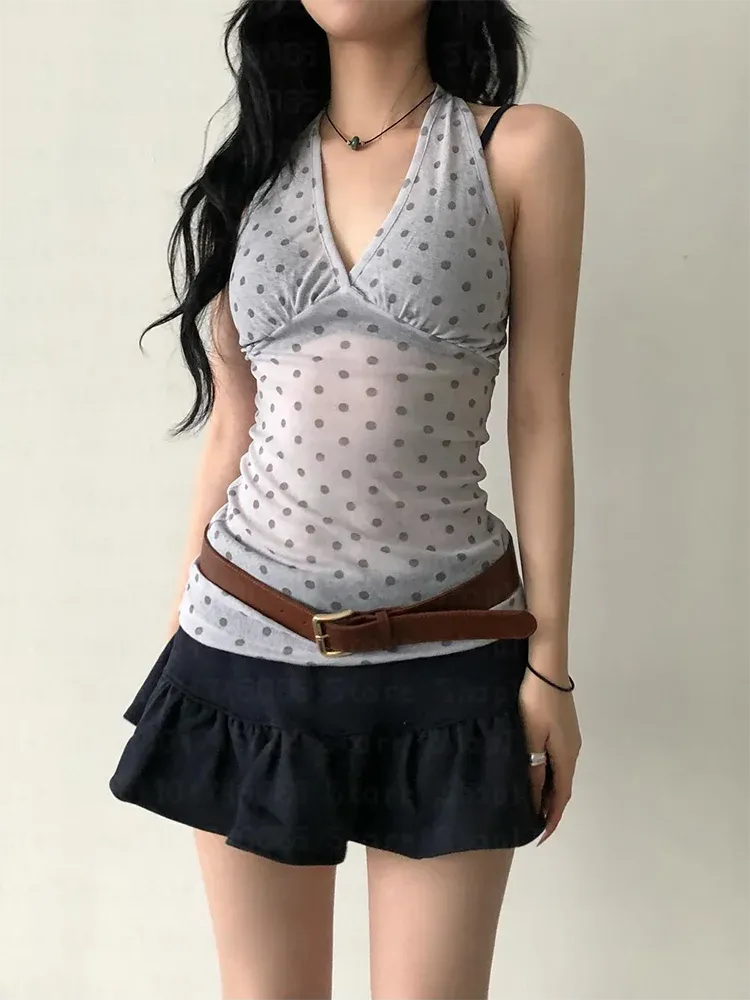 Y2K Halter Neck Polka Dot Top - Fashionpara