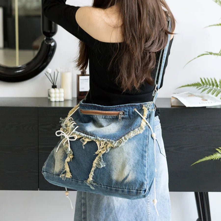 Vintage Aesthetic Korean Hobo Denim Tote Bag - Fashionpara