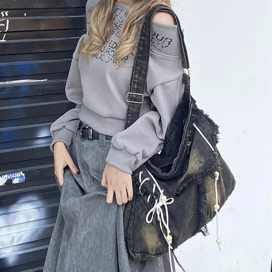 Vintage Aesthetic Korean Hobo Denim Tote Bag - Fashionpara