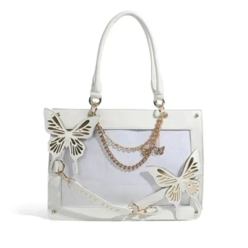 Y2K Labyrinth Butterfly Spider Web Letter Chain Transparent Gothic Bag White Gold / 35X25X10.5Cm