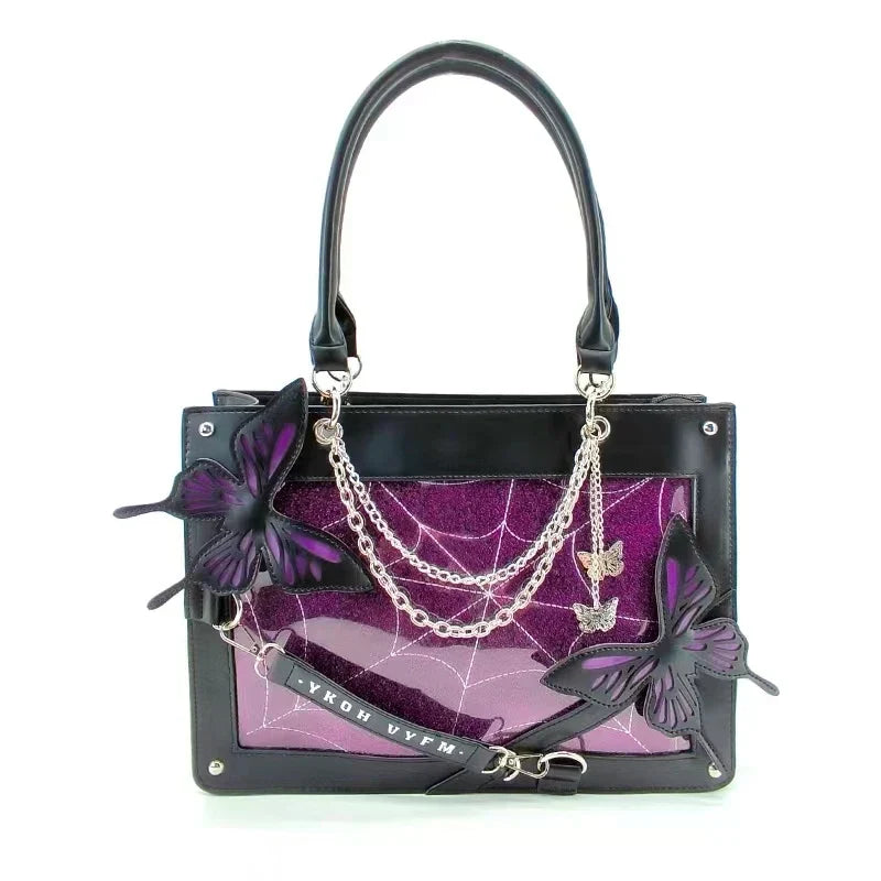 Y2K Labyrinth Butterfly Spider Web Letter Chain Transparent Gothic Bag Black Purple / 35X25X10.5Cm