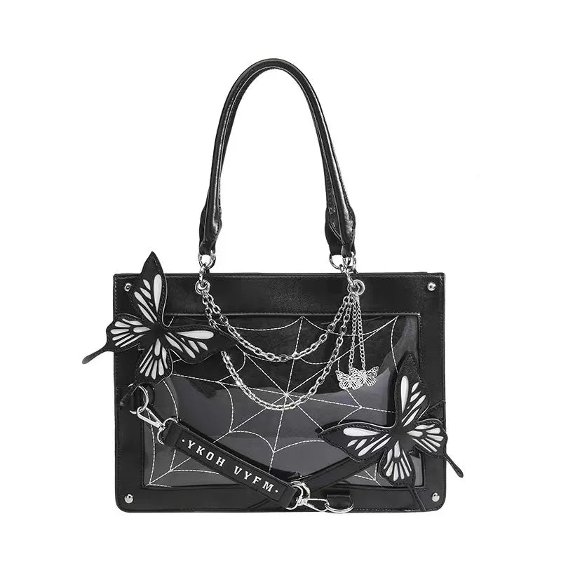 Y2K Labyrinth Butterfly Spider Web Letter Chain Transparent Gothic Bag Black White / 35X25X10.5Cm