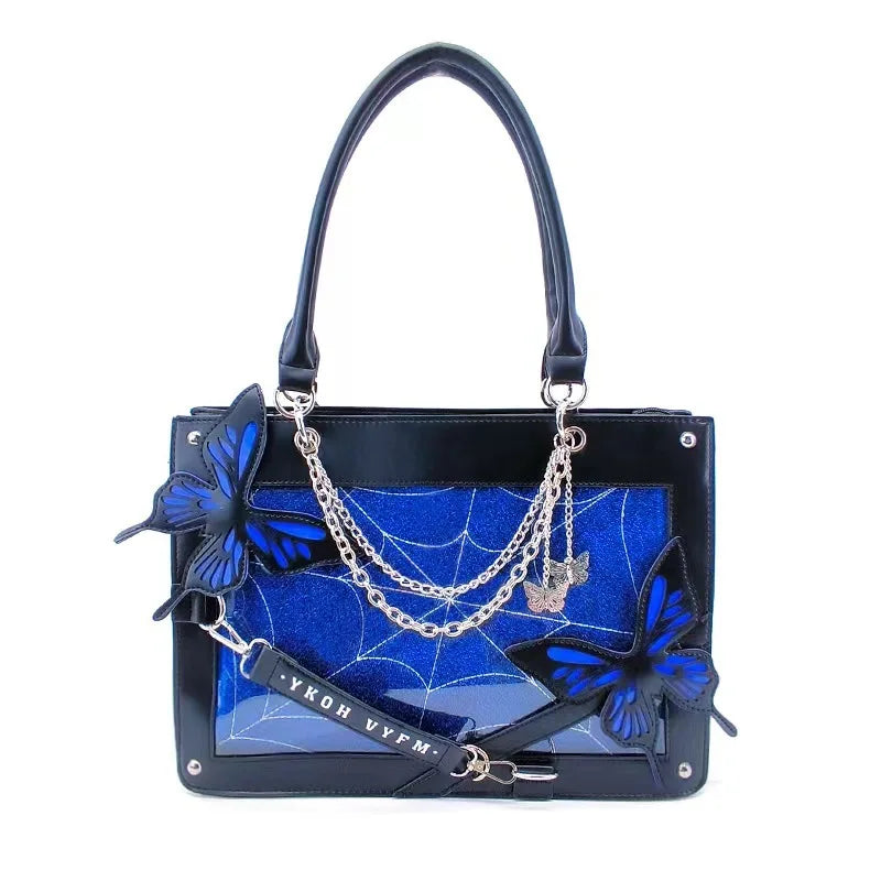 Y2K Labyrinth Butterfly Spider Web Letter Chain Transparent Gothic Bag Black Blue / 35X25X10.5Cm