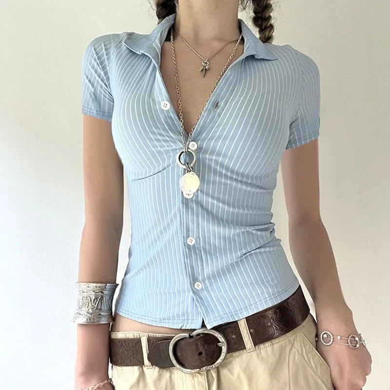Striped Button-Up Collar Blouse