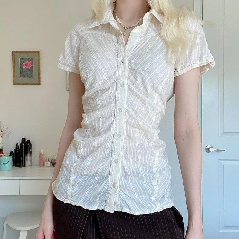 Striped Button-Up Collar Blouse