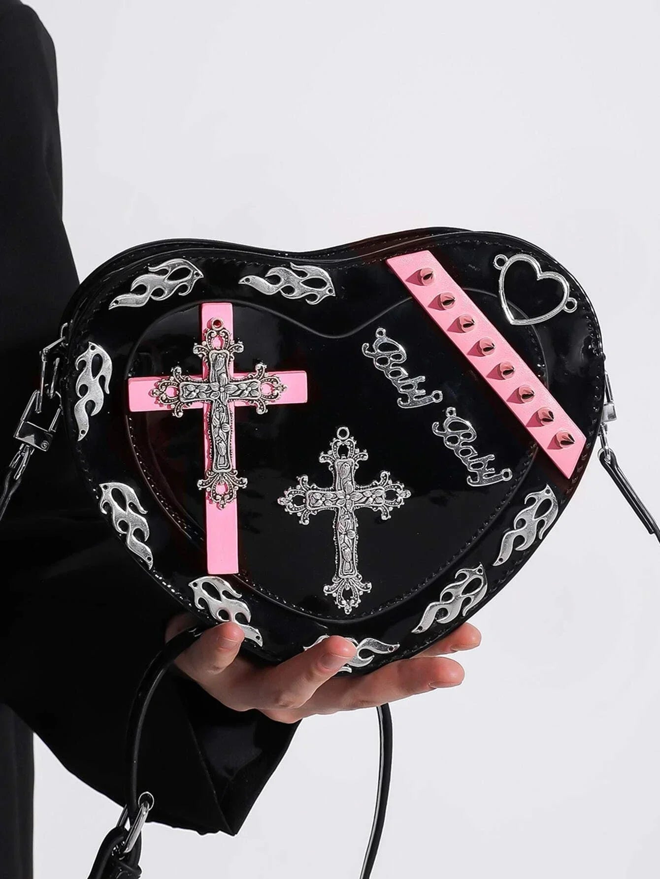 Y2K Coffin Shape Trendy Gothic Punk Cross Pattern Colorful Mini Pu Bag Black Halloween