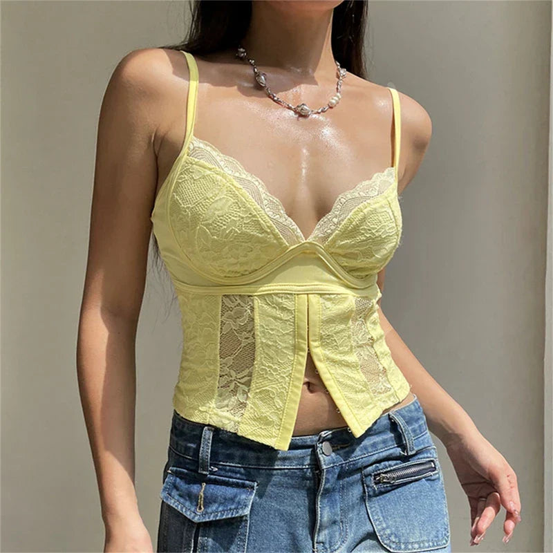Y2K V-neck Bustier Vintage Lace Trim Backless Slim Fit Camisole Crop Top