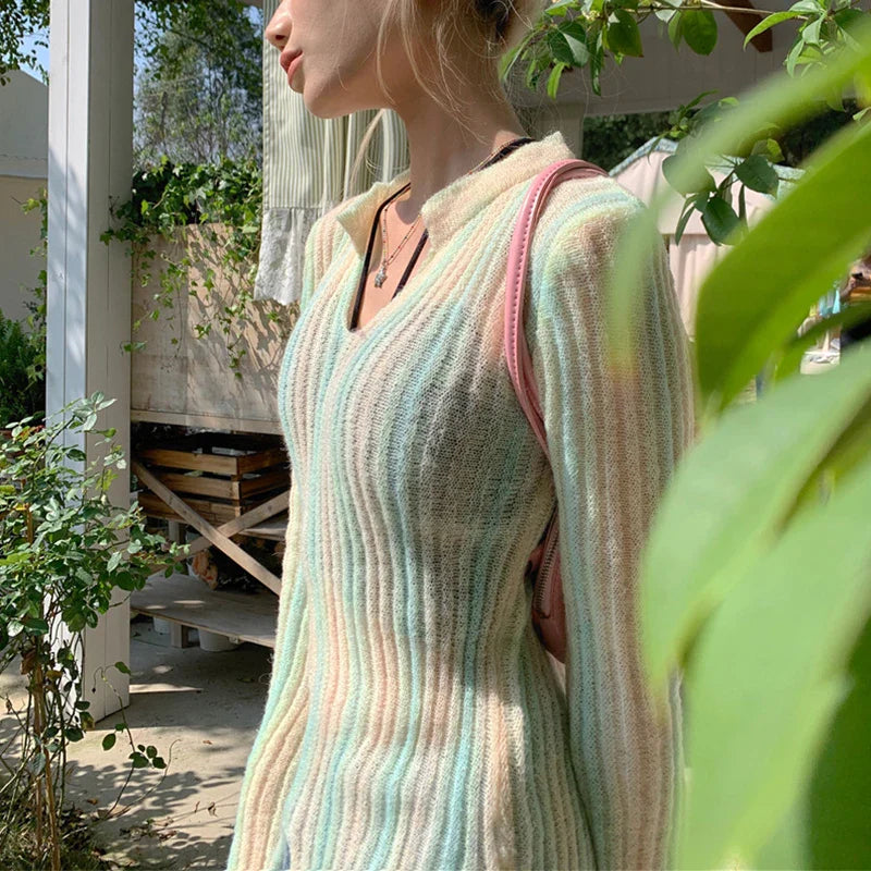 Y2K Vintage Long Sleeve Vertical Stripe Print Knit Top