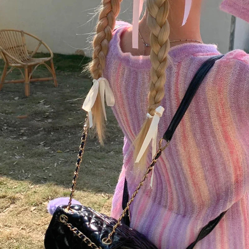 Y2K Vintage Long Sleeve Vertical Stripe Print Knit Top