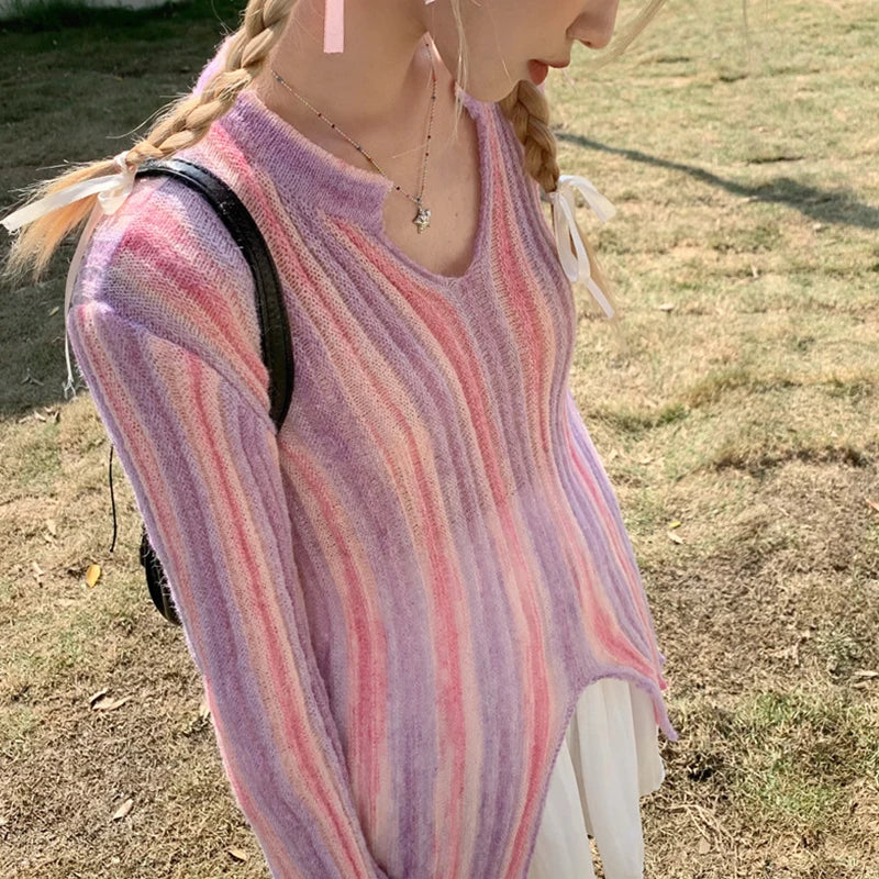 Y2K Vintage Long Sleeve Vertical Stripe Print Knit Top