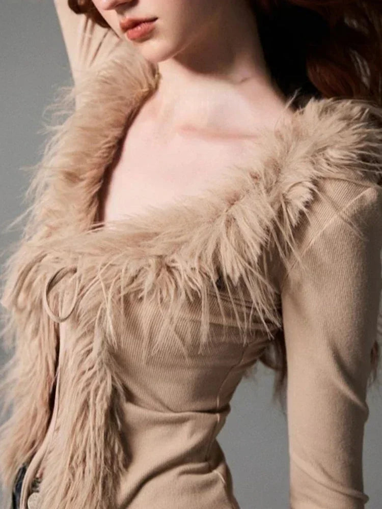 Bandage Fur Patchwork V-Neck Cardigan