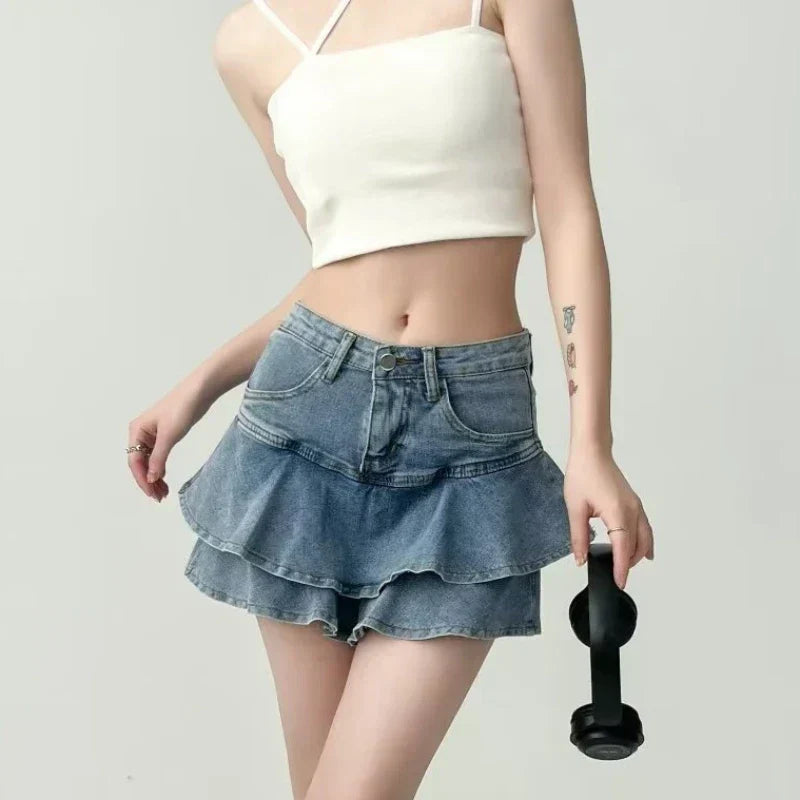 Ruffled Micro Denim School Skirt