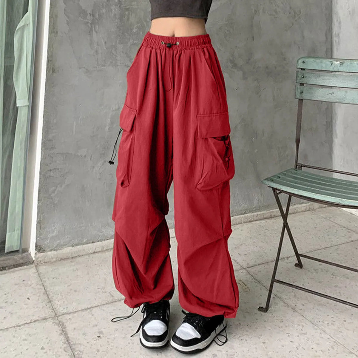 Y2K Cargo Drawstring Pleated Wide Pants red 1 / S