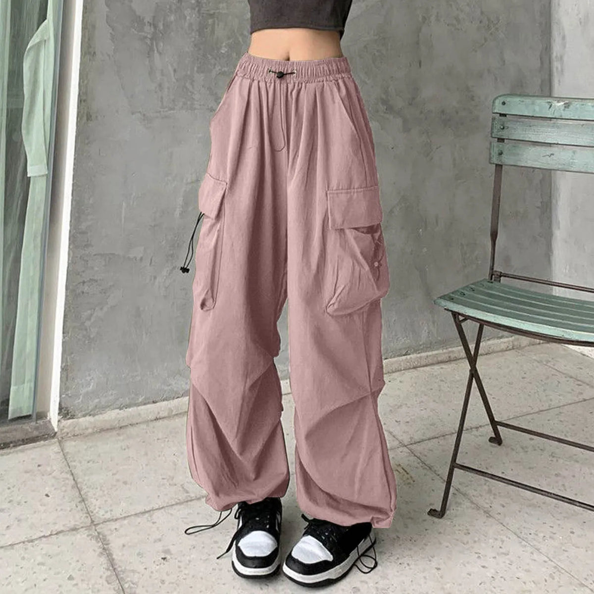 Y2K Cargo Drawstring Pleated Wide Pants red 3 / S