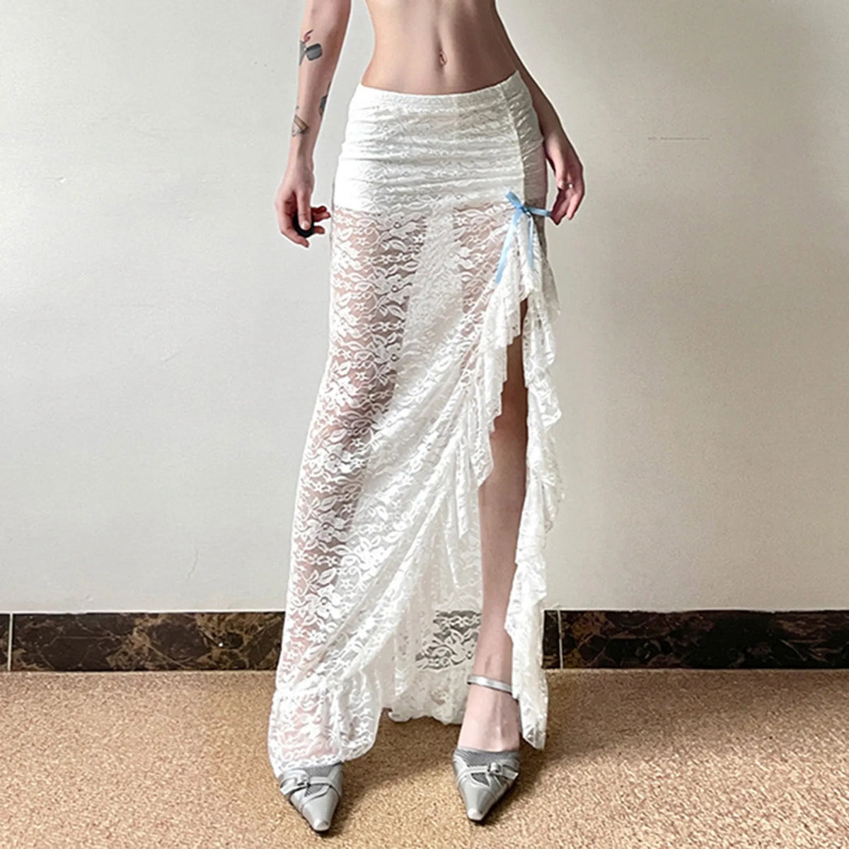 Y2K White Boho Floral Lace Low Waist Maxi Skirt White / S skirt-250126