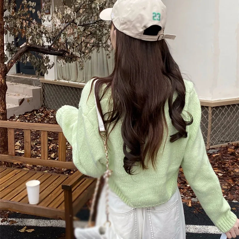 Knitted Cropped Korean V-Neck Y2K Cardigan