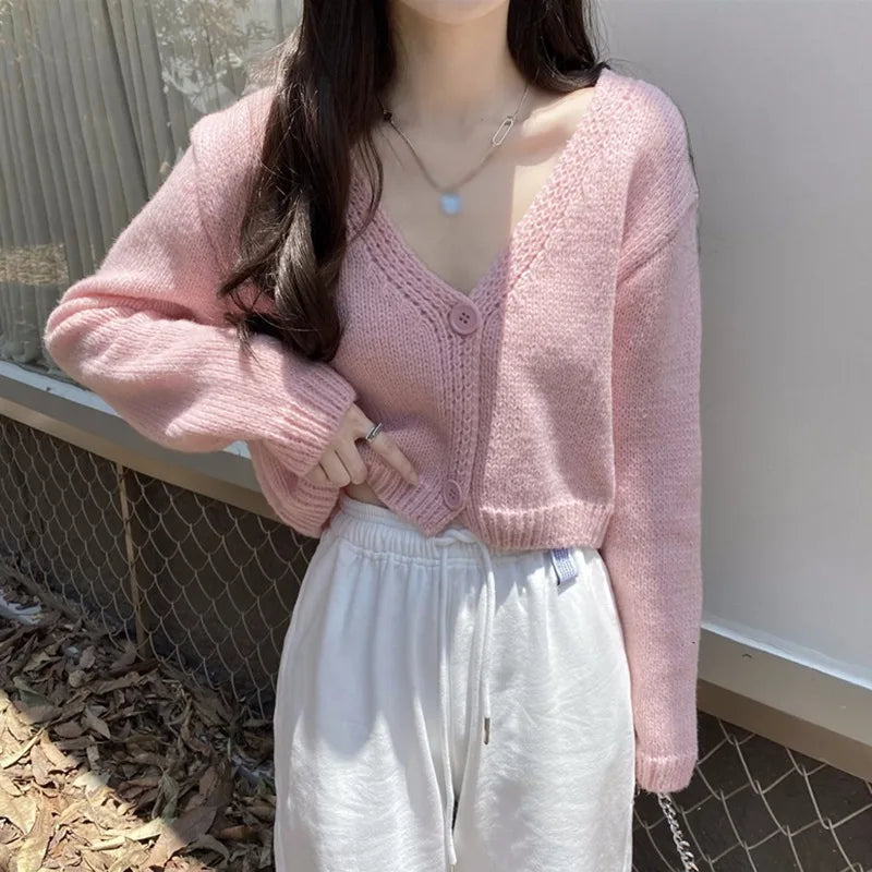 Knitted Cropped Korean V-Neck Y2K Cardigan