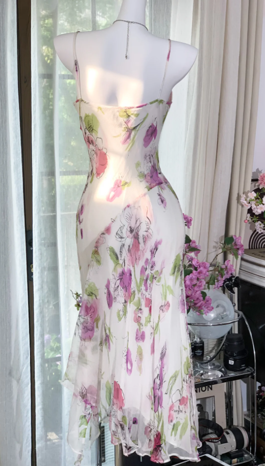 Pretty Spaghetti Straps Chiffon Print Floral Mermaid Evening Dress Long Party Dress D1311