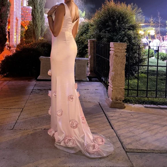 Pretty Pink Satin 3D Rose Flowers Mermaid Party Dress Long Evening Gown D1360