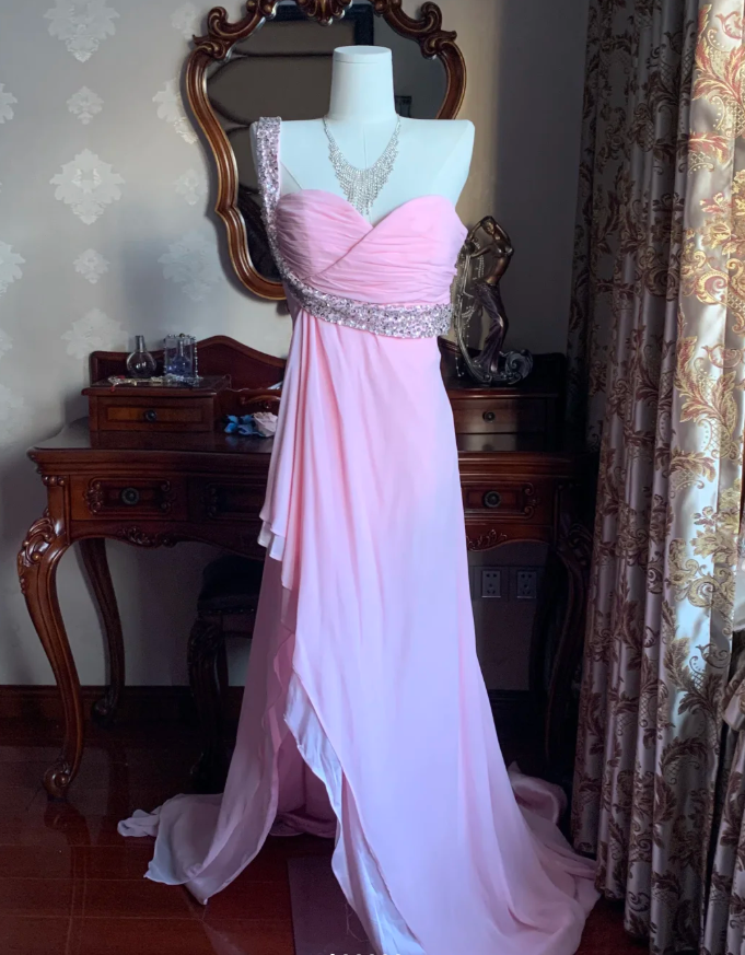 Classy One Shoulder Chiffon Beaded Mermaid Long Wedding Guest Dress Pink Evening Dress D1775
