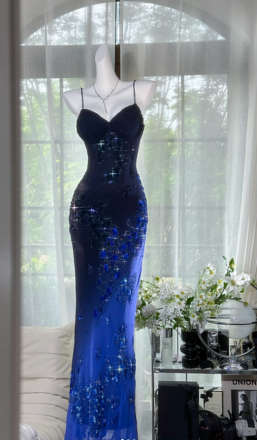 Gorgeous Spaghetti Straps Ombre Navy Blue Beaded Appliques Mermaid Evening Dress Party Dress D977