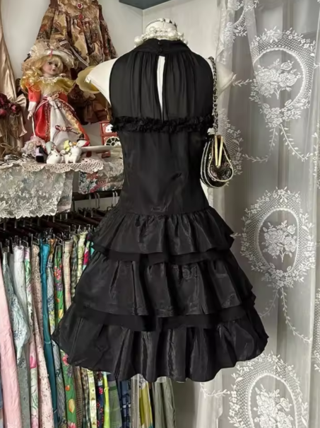 Black Vintage Halter Neck A Line Layered Mini Party Dress 6th Grade Homecoming Dress S814