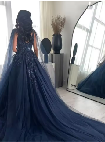 Sexy Ball Gown Navy Blue Tulle Long Sequin Prom Dresses Long Party Dress SD2292