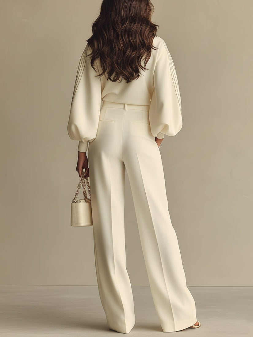 Crew Neck Long Sleeve Top and High Waist Wide Leg Pants Two Piece Set 4
