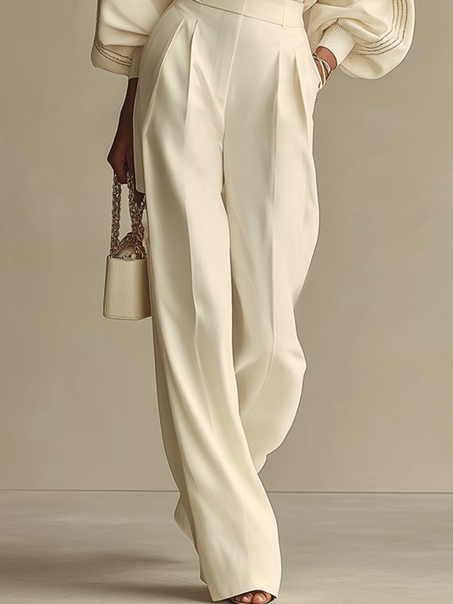 Crew Neck Long Sleeve Top and High Waist Wide Leg Pants Two Piece Set 3