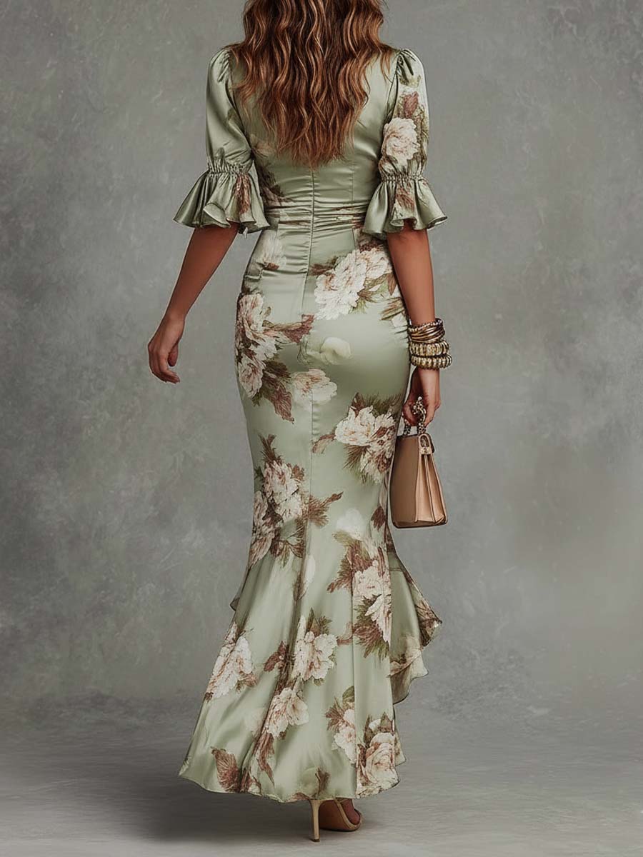 Floral Satin Deep V-Neck Ruffle Sleeve Ruched High Split Maxi Dress 3