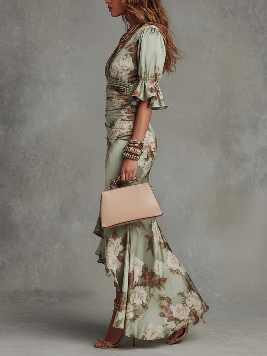 Floral Satin Deep V-Neck Ruffle Sleeve Ruched High Split Maxi Dress 2