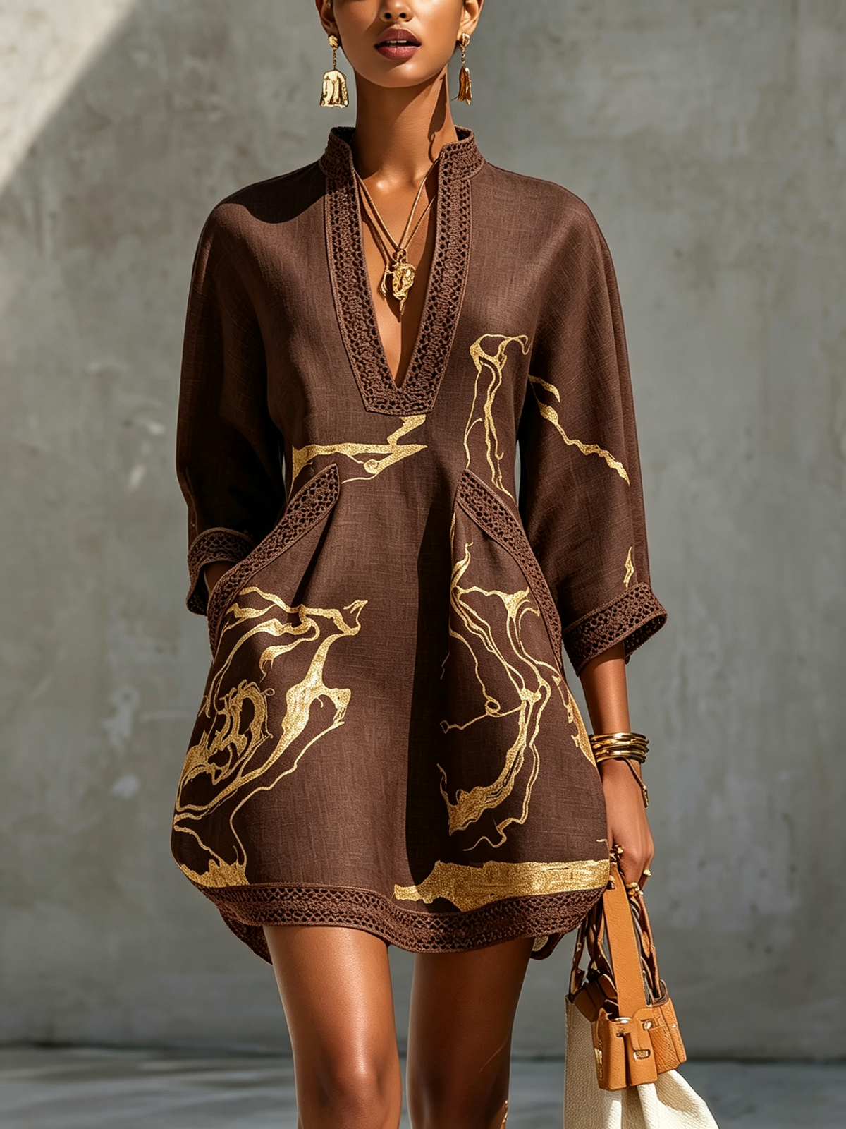 Marble Print Deep V-Neck Kimono Sleeve Mini Dress 12