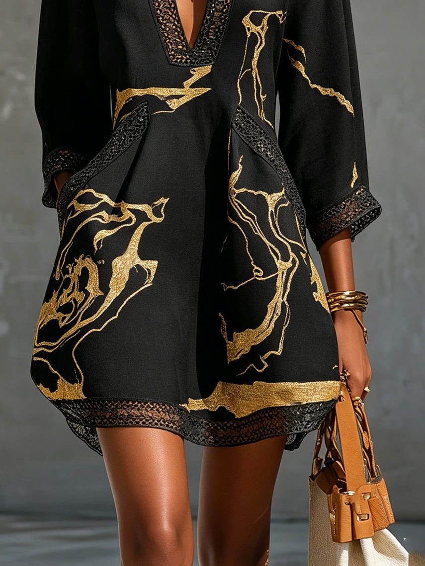 Marble Print Deep V-Neck Kimono Sleeve Mini Dress 4