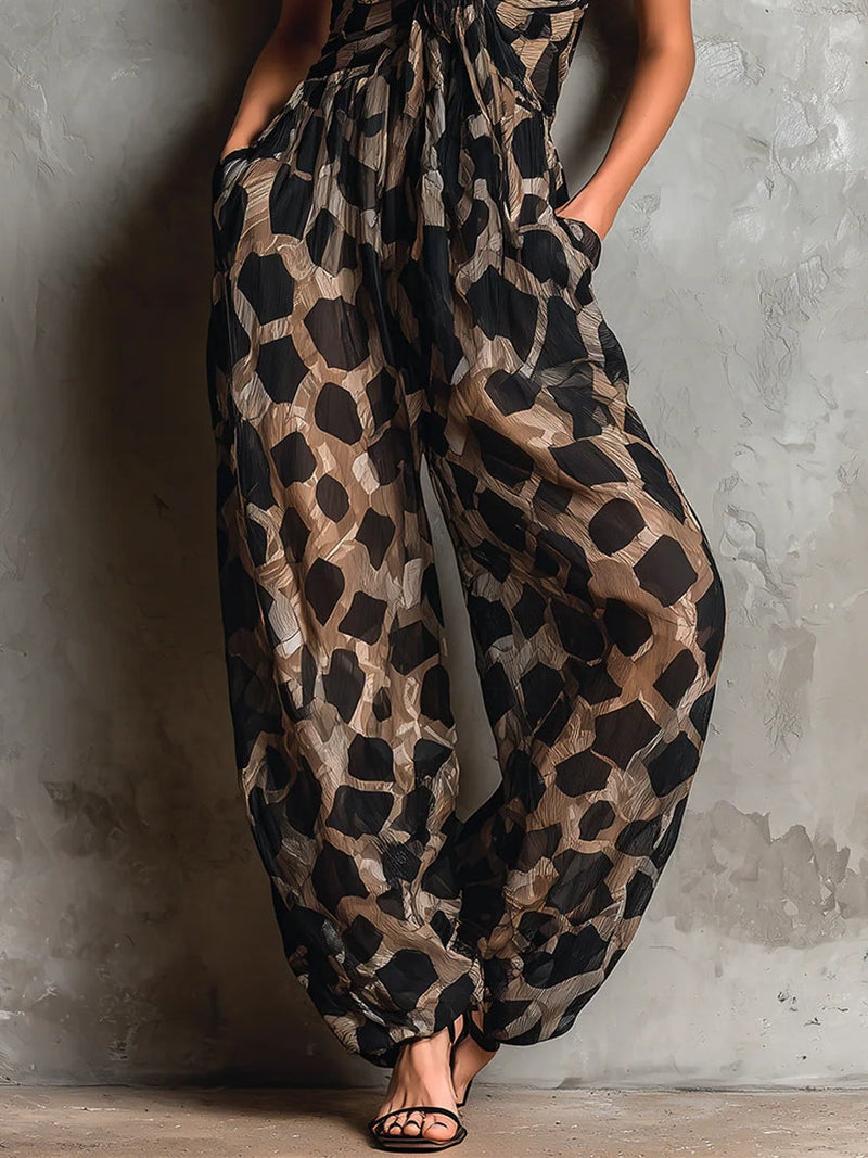 Animal Print Deep V-Neck Spaghetti Strap Wide Leg Jumpsuit 4