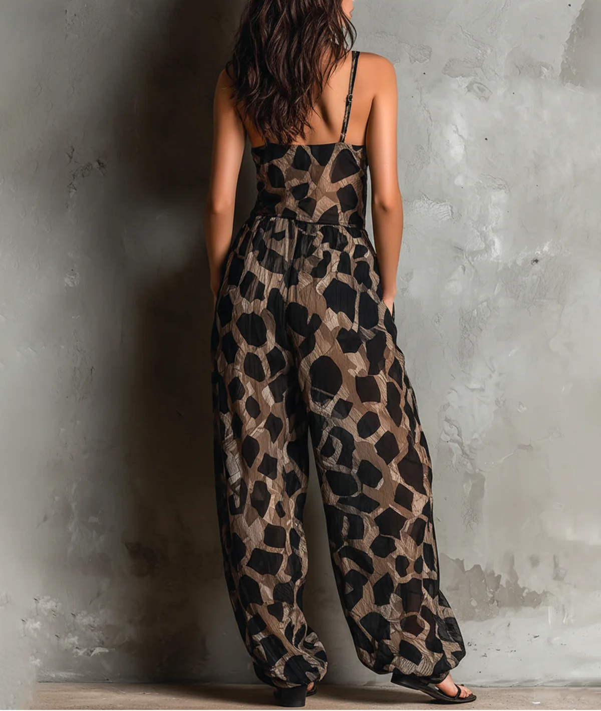 Animal Print Deep V-Neck Spaghetti Strap Wide Leg Jumpsuit 5