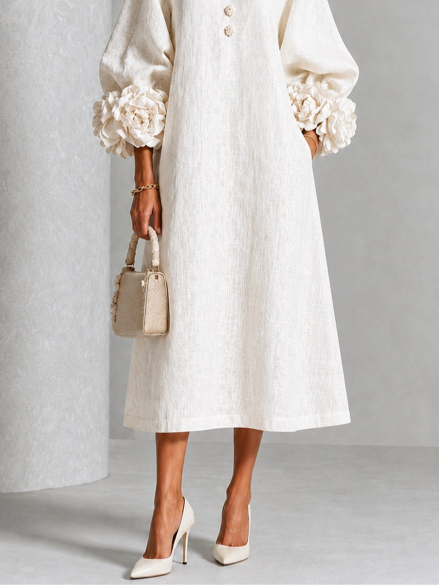 Round Neck Balloon Sleeve 3D Floral Cuff Button Front A-Line Midi Dress 5