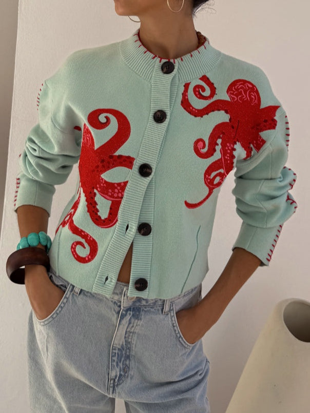 Octopus Embroidered Button Front Knit Cardigan