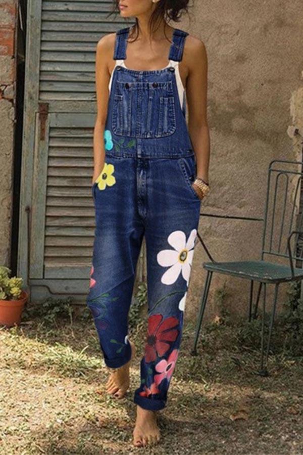 KittenAlarm - Flower-printed Baggy Jeans With Suspenders(3 Colors)
