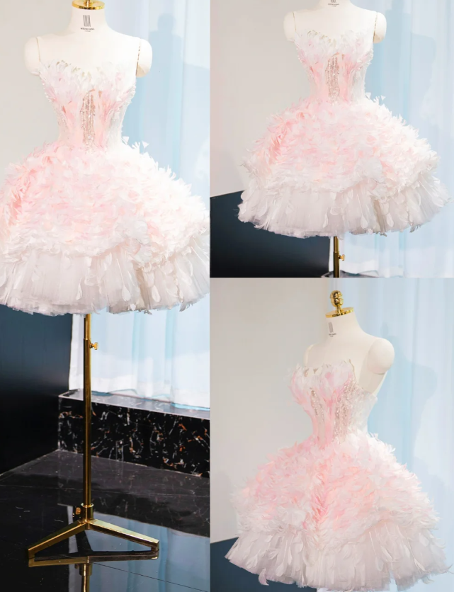 Sweet Pink Princess Tulle Feathers Short Birthday Dress Homecoming Dress S302