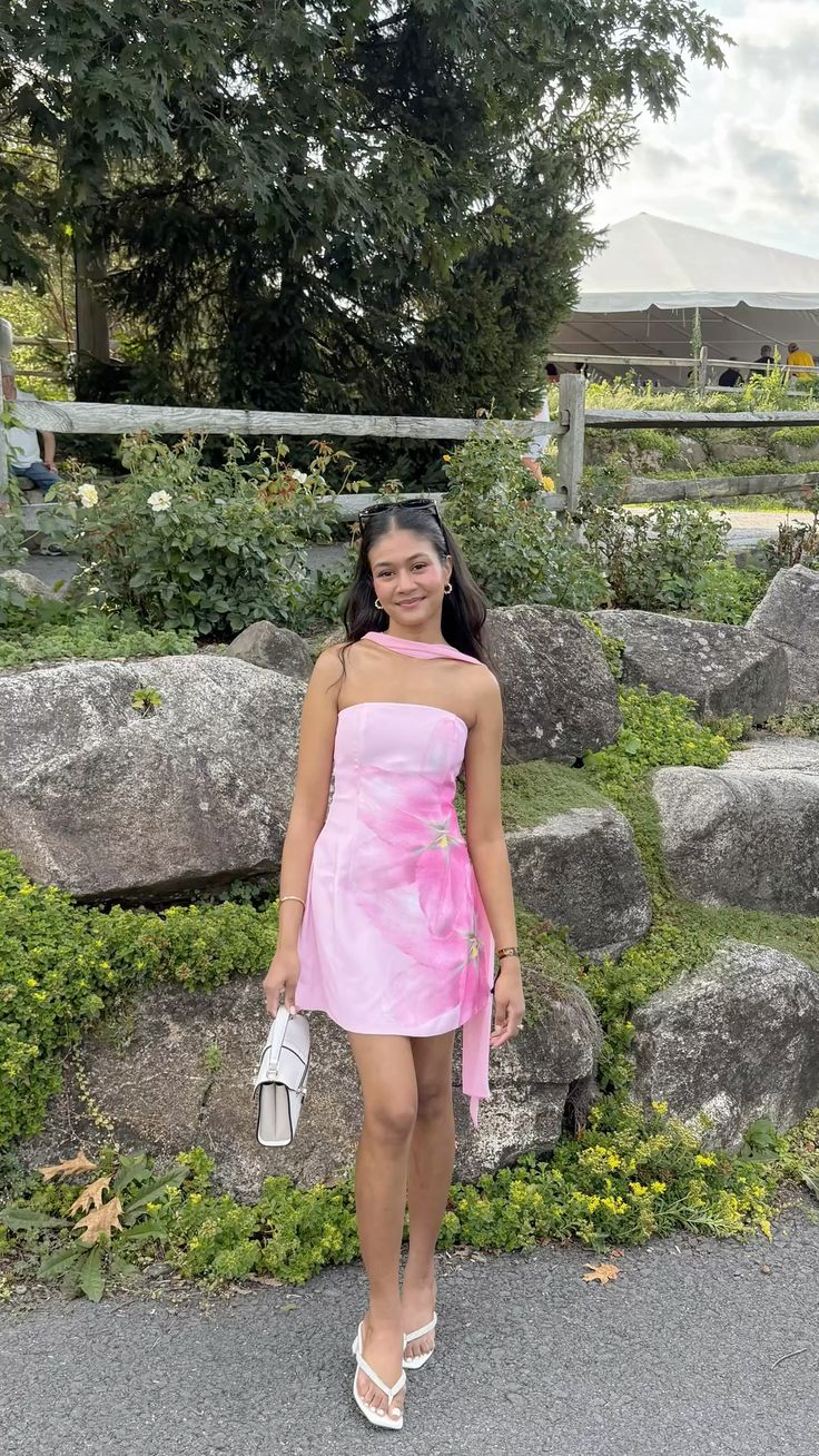 Classy Pink Strapless Satin Printed Floral Short Party Dress Formal Birthday Dress Homecoming Dress With Ribbon D744